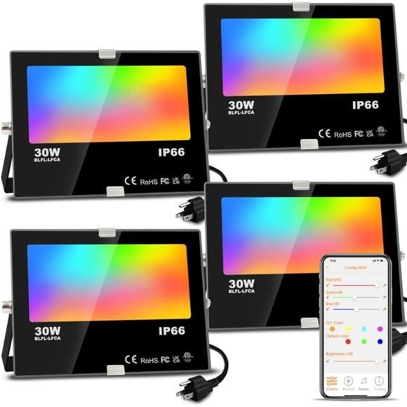 LED Flood Light, 300W Equivalent 3000LM Smart RGB Landscape Lights (4 Pack) - Picture 1 of 6
